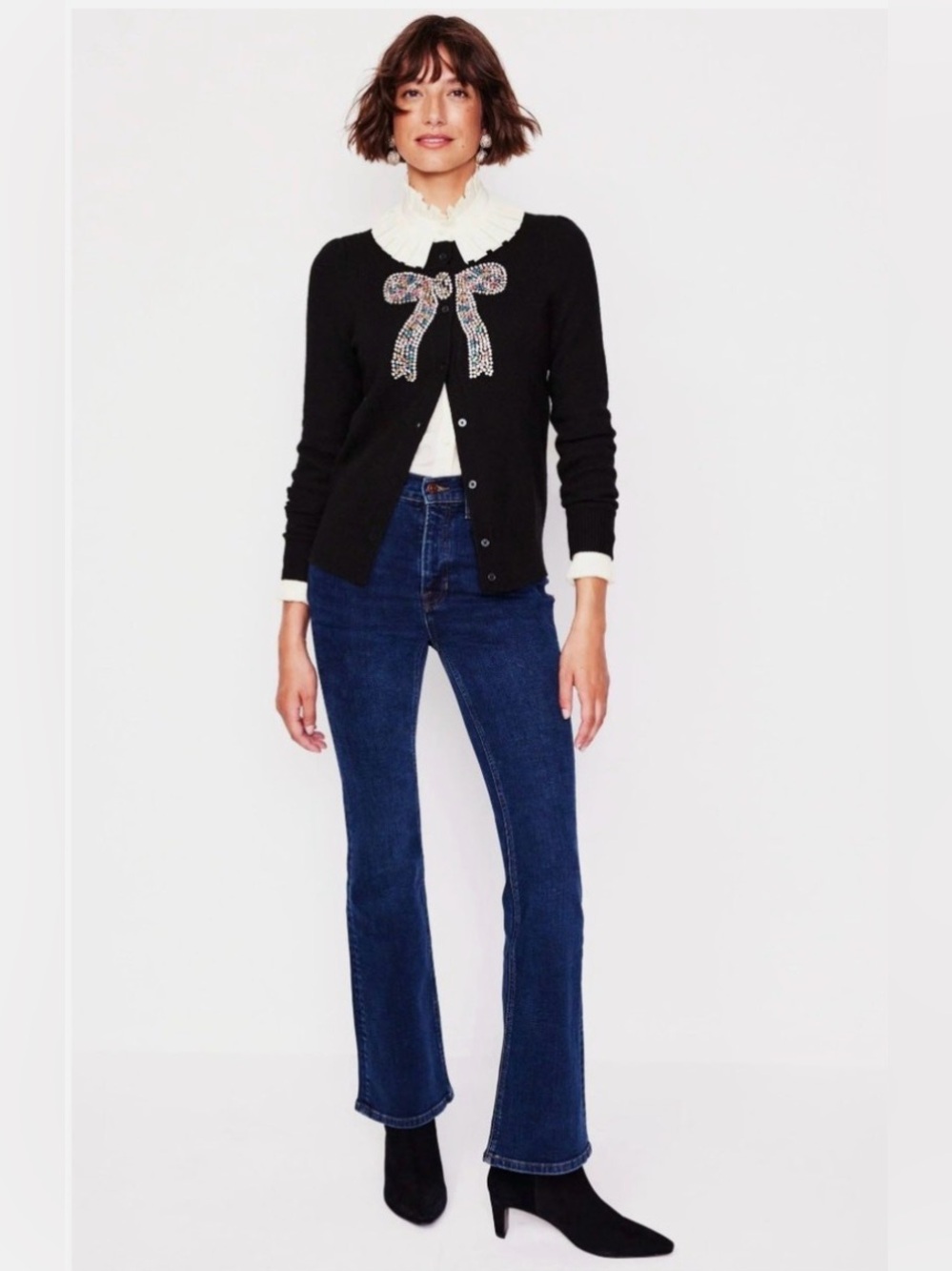 Boden Black Cardigan with Rhinestoned Multicolor Bow - Picture 2 of 7